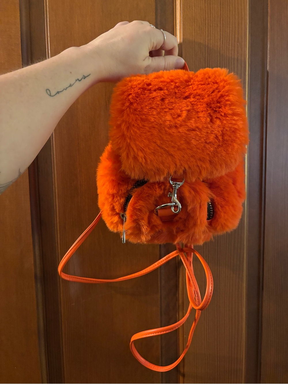 Current Mood Vibrant Orange Faux-Fur Mini Backpack